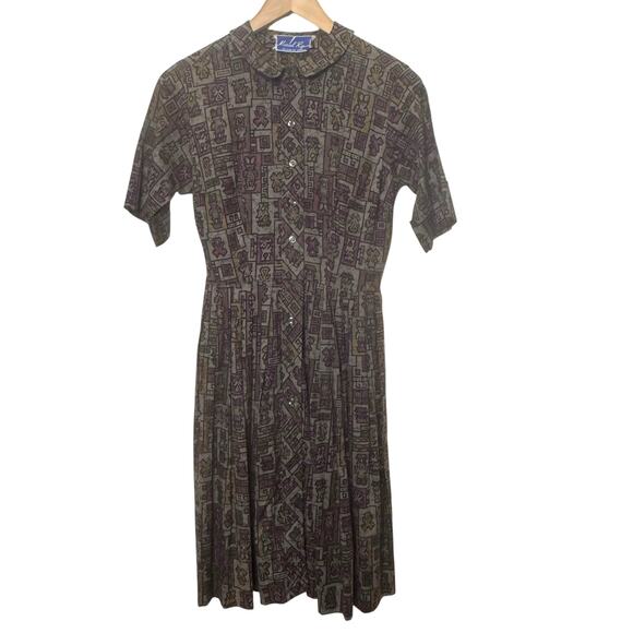 Vintage Muriel Ryan Division of Serbin Tiki Print Button Up Shirt Dress Pockets - Picture 1 of 7